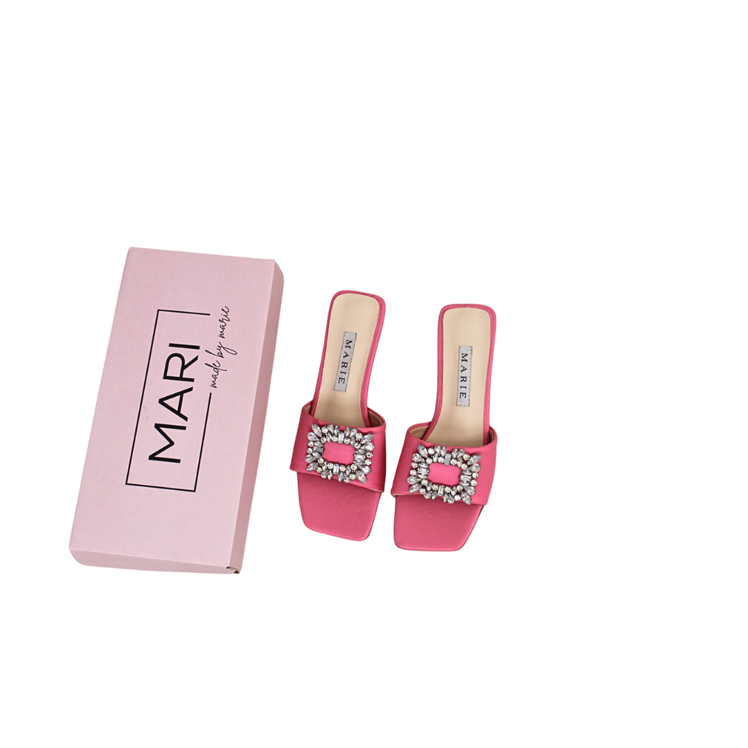 Mie Pink Rhinestone Buckle Mule Heels