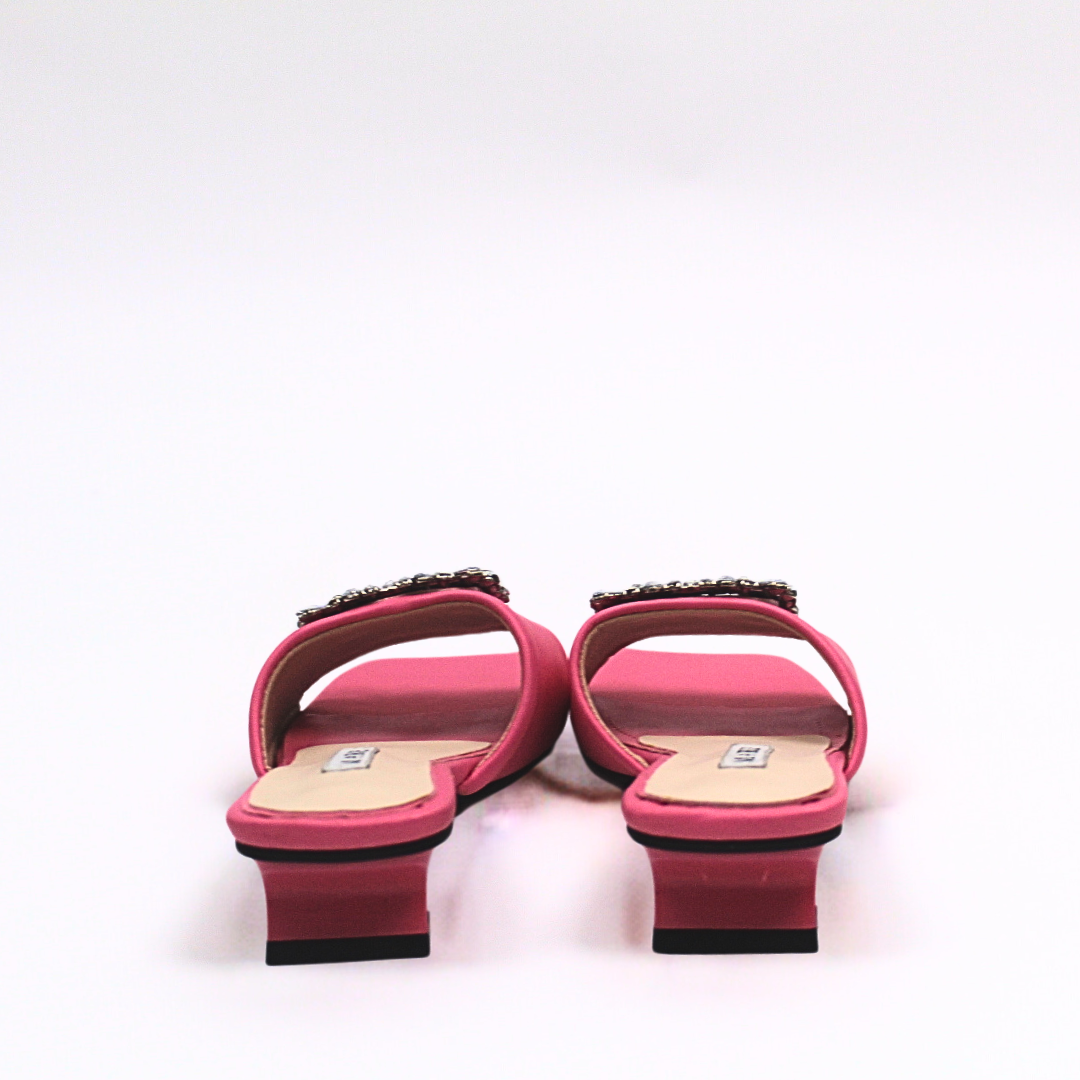 Mie Pink Rhinestone Buckle Mule Heels