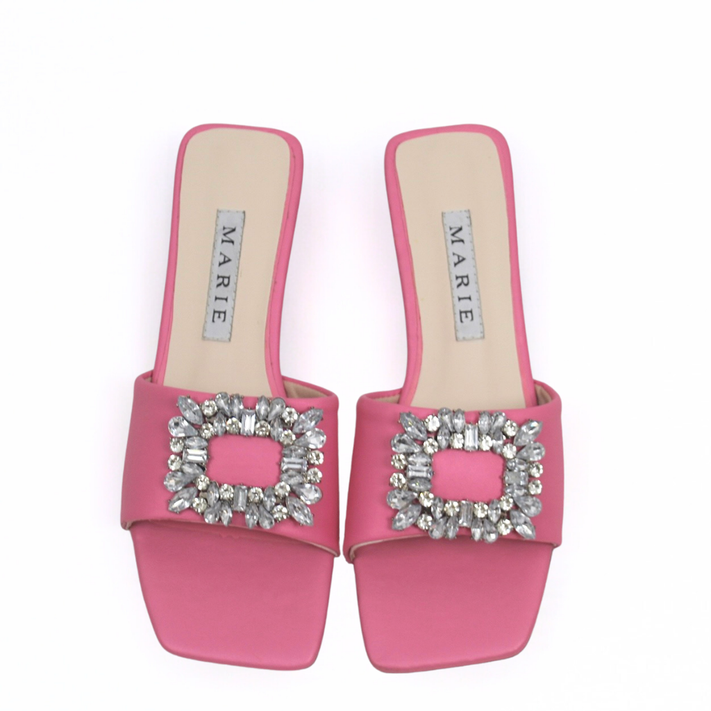 Mie Pink Rhinestone Buckle Mule Heels