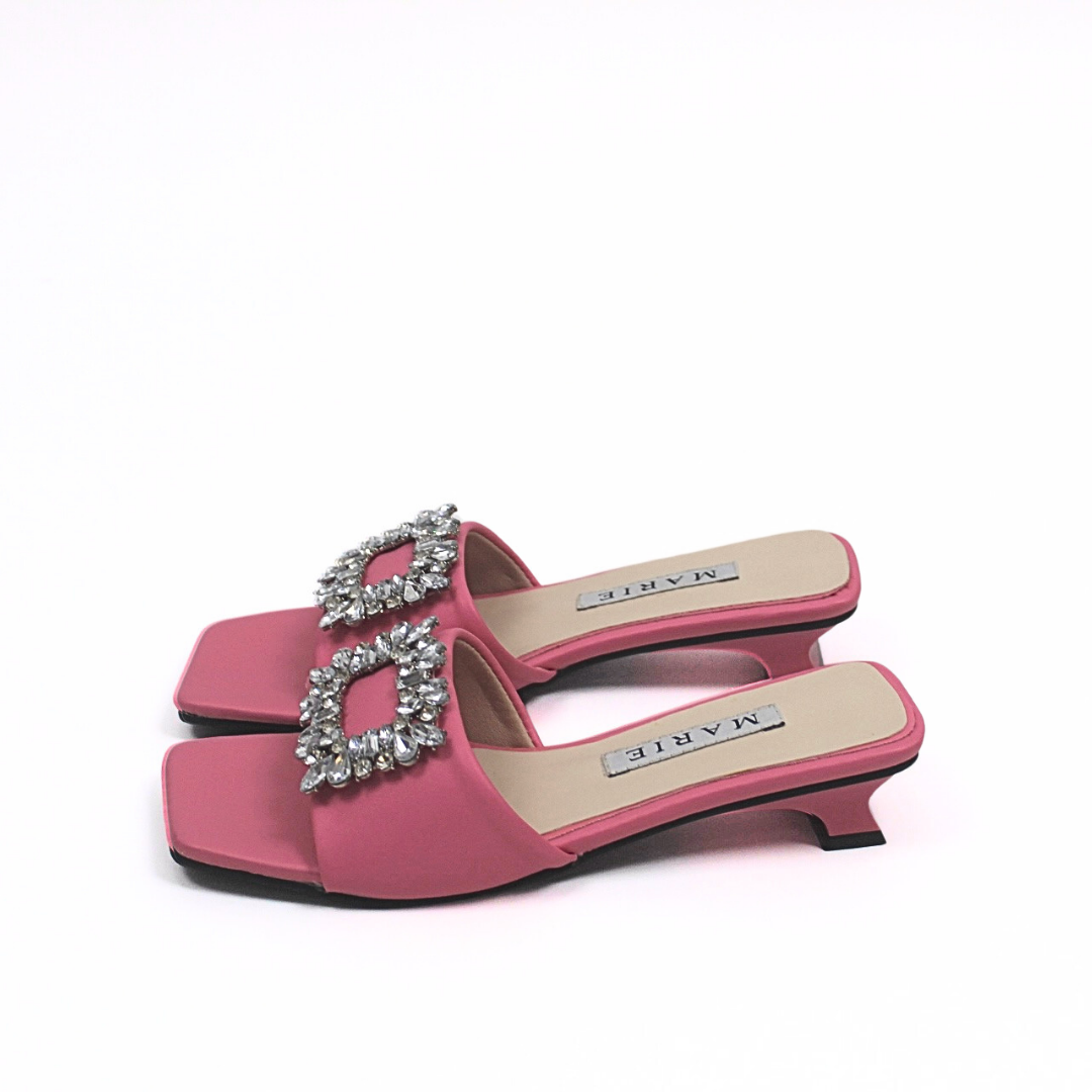 Mie Pink Rhinestone Buckle Mule Heels