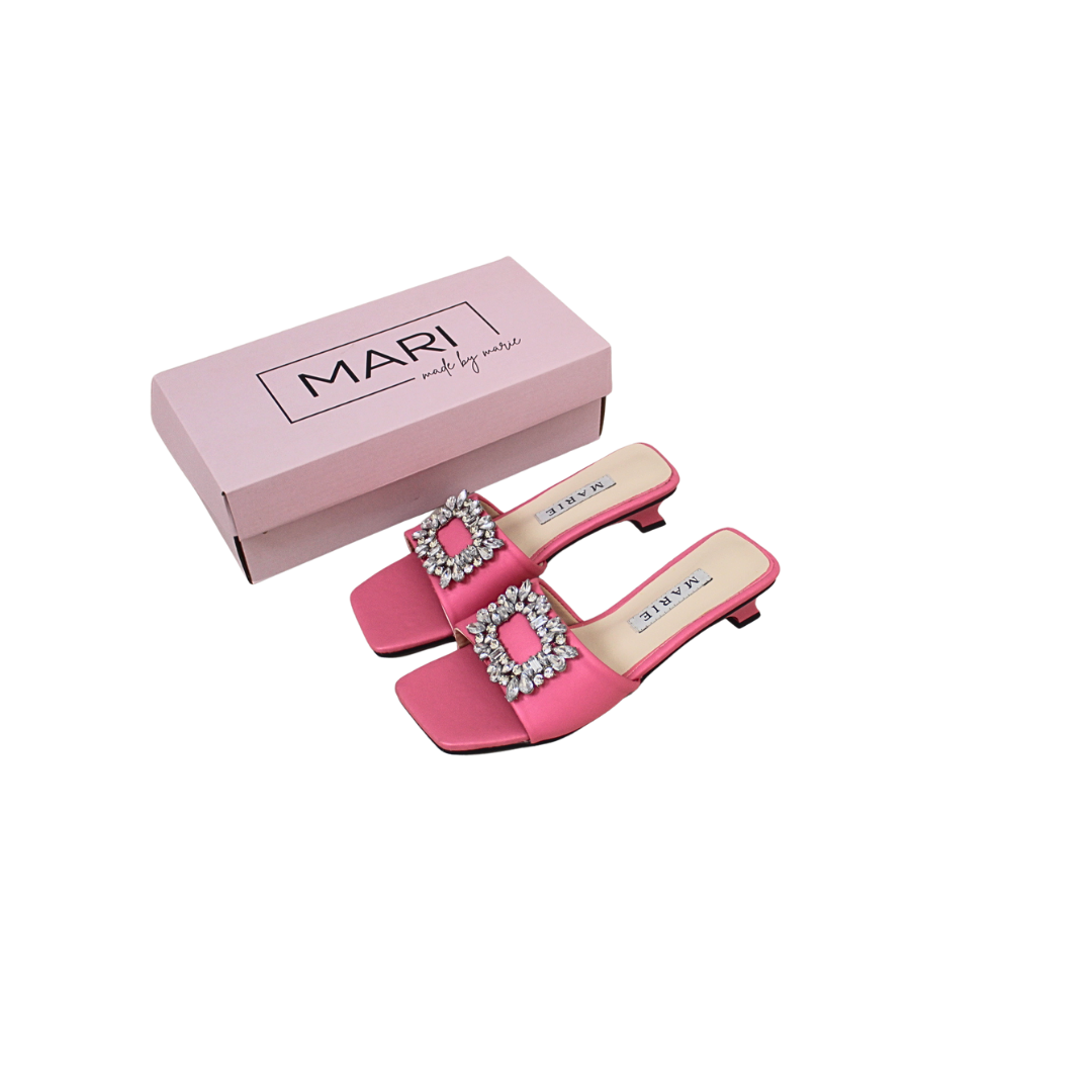 Mie Pink Rhinestone Buckle Mule Heels