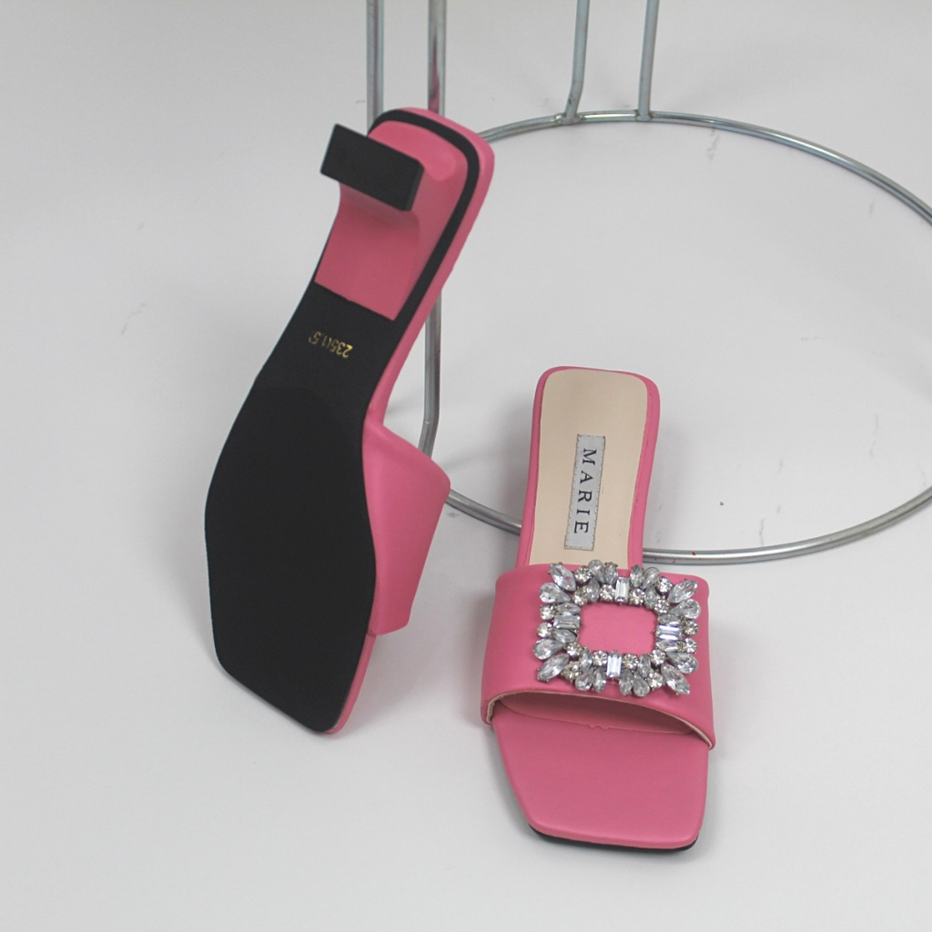 Mie Pink Rhinestone Buckle Mule Heels