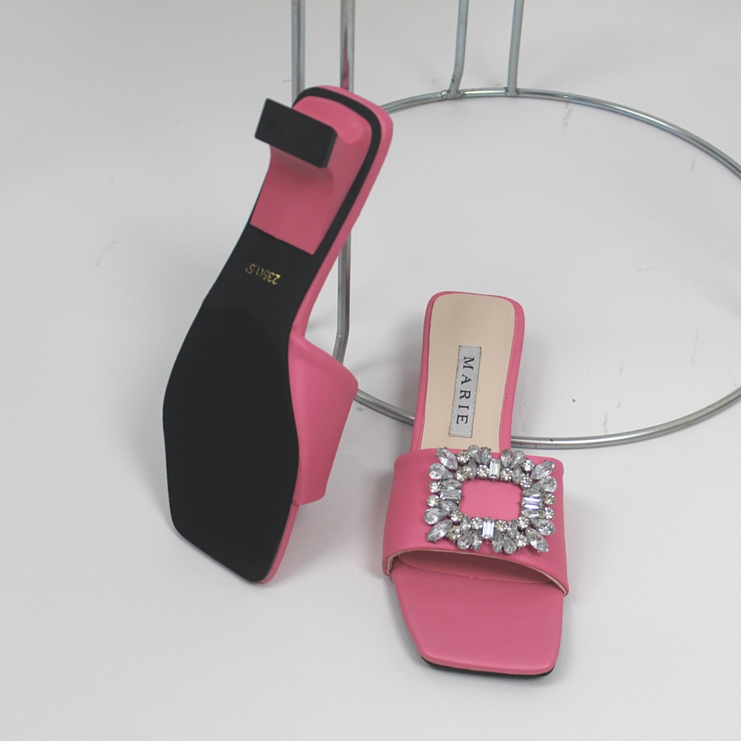 Mie Pink Rhinestone Buckle Mule Heels