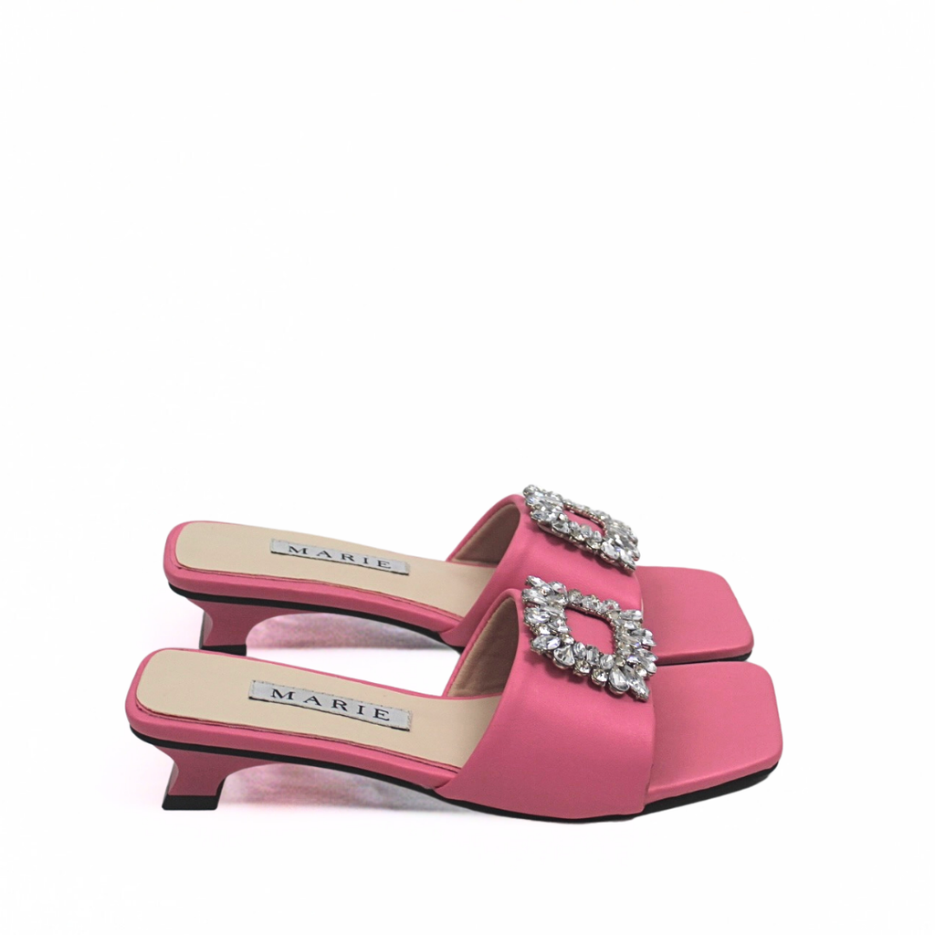 Mie Pink Rhinestone Buckle Mule Heels