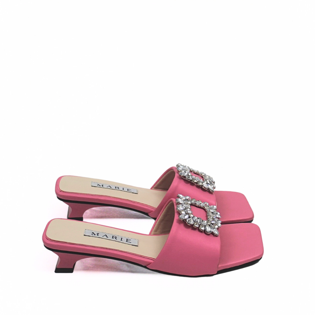 Mie Pink Rhinestone Buckle Mule Heels