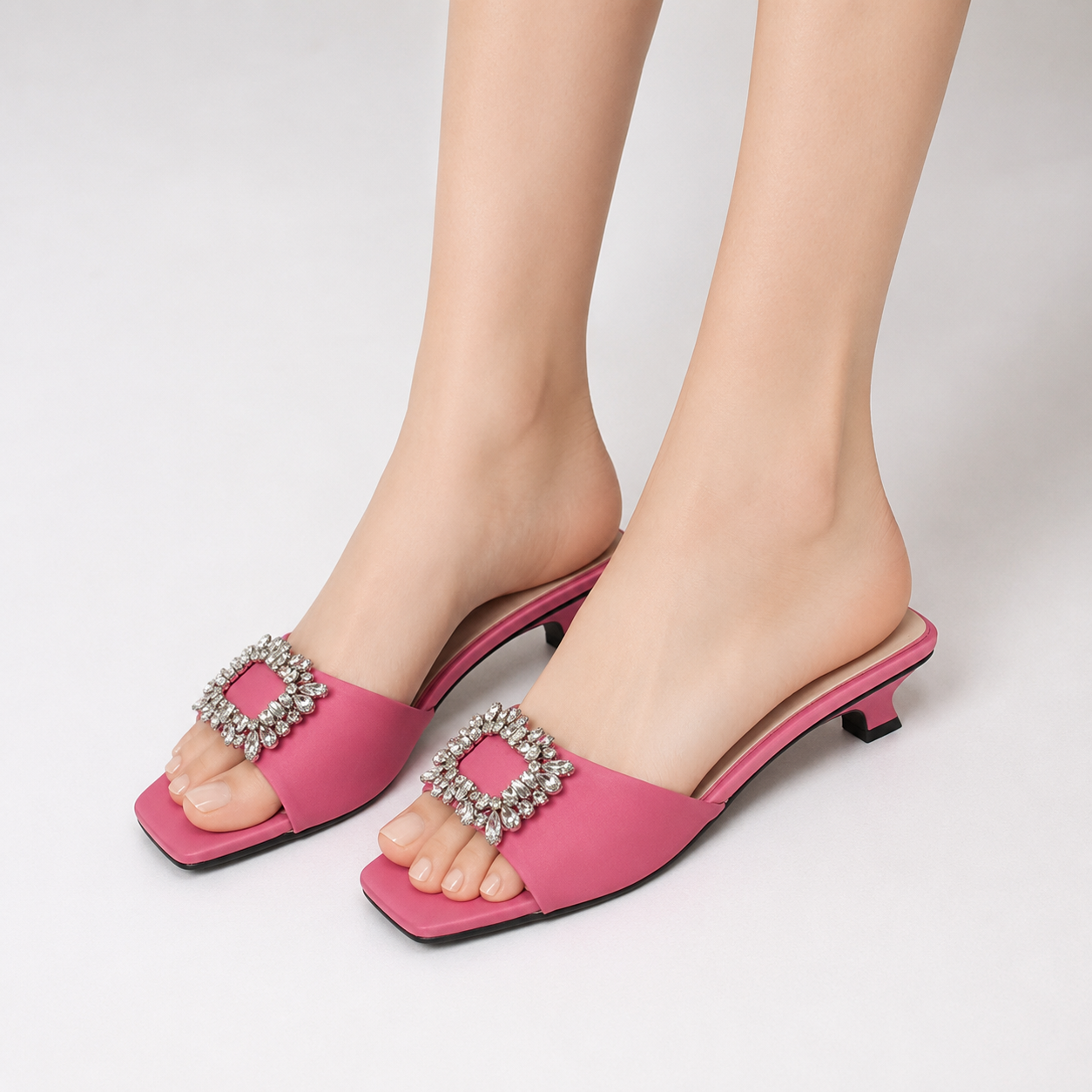 Mie Pink Rhinestone Buckle Mule Heels